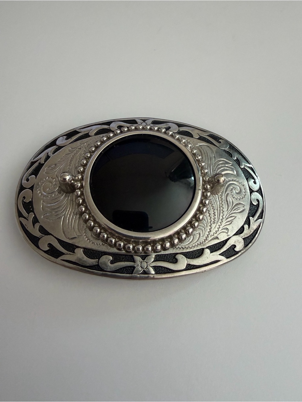 Silver-Tone Oval Brooch with Black Center Western Belt Buckle